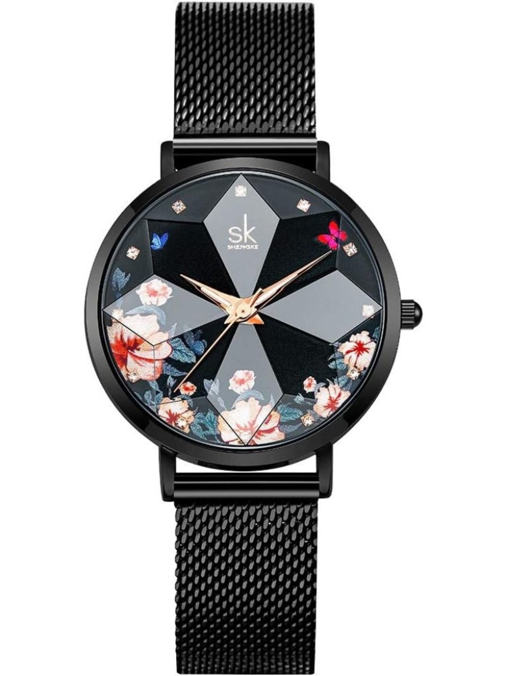 Women's Flower-Mesh Band-Black Stainless Steel Band Elegant Stylish Wrist Watch